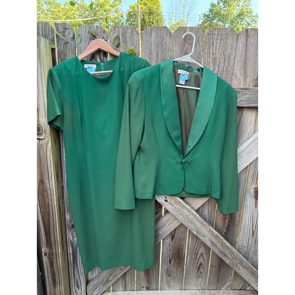 Talbots Vintage Green Dress Suit Set Size 10 Sheath Dress & Cropped Blazer